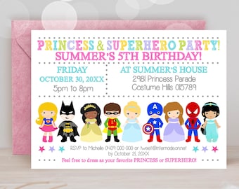 May include: A pink and white invitation for a princess and superhero party. The invitation features a colourful illustration of a group of children dressed as princesses and superheroes. The text on the invitation reads "Princess & Superhero Party! Summer's 5th Birthday!"  "Friday, October 30, 20XX, 5pm to 8pm, At Summer's House, 2981 Princess Parade, Costume Hills 015789, RSVP to Michelle 0409 000 000 or tweet@internodeonnet by October 21, 20XX, Feel free to dress as your favourite Princess or Superhero!"