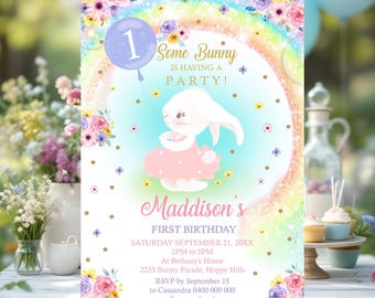 Rainbow Bunny First Birthday Invitation: Editable Rabbit Party Evite (Digital Download)