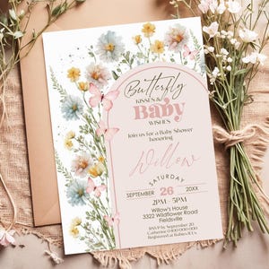 Wildflower BUTTERFLY Baby Shower Invitation Editable Boho Butterfly kisses Baby Shower Invite Butterfly Wishes Baby Shower Evite Spring Baby