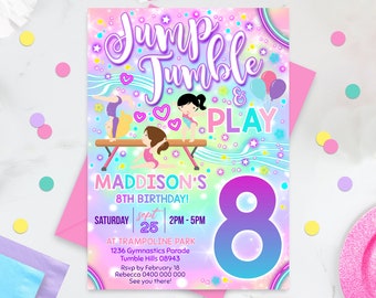 Rainbow Gymnastics Birthday Invitation: Neon Jump Tumble and Play (Digital Download)