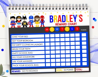 May include: A spiral-bound reward chart featuring superhero characters. The chart is titled "Bradley's Reward Chart" and includes spaces for tracking tasks like making the bed and brushing teeth. The goal is 50 points, with a reward of "Go to Bounce".