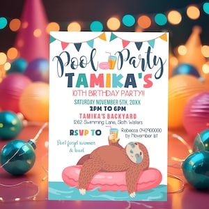 POOL PARTY INVITATION Editable Sloth Pool Party Invitation Sloth Birthday Invitation Girl Pool Party Invitation Corjl Invitation Pool Party