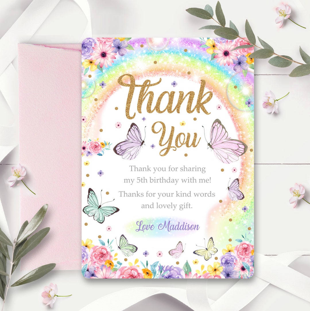 Rainbow Butterfly Thank You Card: Editable Birthday Baby Shower (digital  Download)