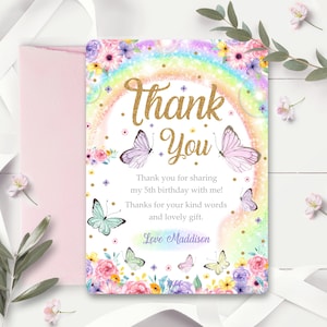 Rainbow BUTTERFLY GRACIAS Tarjeta Chica Gracias Tarjetas Cumpleaños Gracias Tarjeta Editable Mariposa Baby Shower Gracias Tarjetas Gracias Corjl