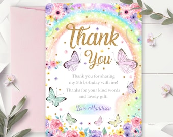 Rainbow Butterfly Thank You Card: Editable Birthday Baby Shower (Digital Download)