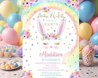 Rainbow Bunny Birthday Invitation: Floral Bunny Party (Digital Download)