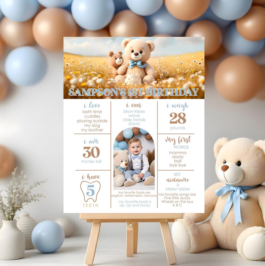 Teddy Bear 1st Birthday Milestone Poster: Editable Template (digital ...