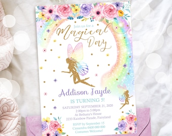May include: A colorful invitation for a fairy-themed birthday party. The invitation features a rainbow, a fairy, and flowers. The text reads "Join us for a Magical Day, Addison Jayde is turning 5! Saturday September 21, 2020, 2:00pm to 5:00pm, At Bethany's House, 2233 Rainbow Parade, Fairyland, RSVP by September 15, Cassandra 0400 000 000, Costumes Welcome!"