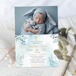 Faire-part de baptême bleu photo garçon baptême invitation garçon carte photo baptême Corjl faire-part de baptême garçon fleurs bleues Evite photo de baptême