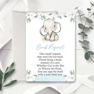 Olifantboekverzoekkaart Direct downloaden Olifantboekverzoekkaart Blauwe olifantboekverzoekkaart Bewerkbare olifantenboeken voor babykaart