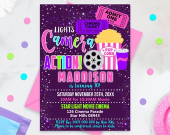 May include: Purple invitation with a movie theme. It says "Lights Camera Action!" with a film reel and popcorn. The invitation is for Maddison's 10th birthday party at Star Light Movie Cinema on Saturday, November 25th at 10:00 AM.