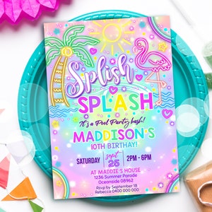 Neon Pool Party Invitation: Rainbow Splish Splash, Editable (Digital Download)