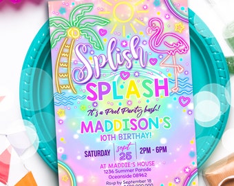 POOL PARTY INVITATION Girl Neon Pool Party Editable Rainbow Neon Splish Splash Party Invitation Instant Download Waterpark Invitation Corjl