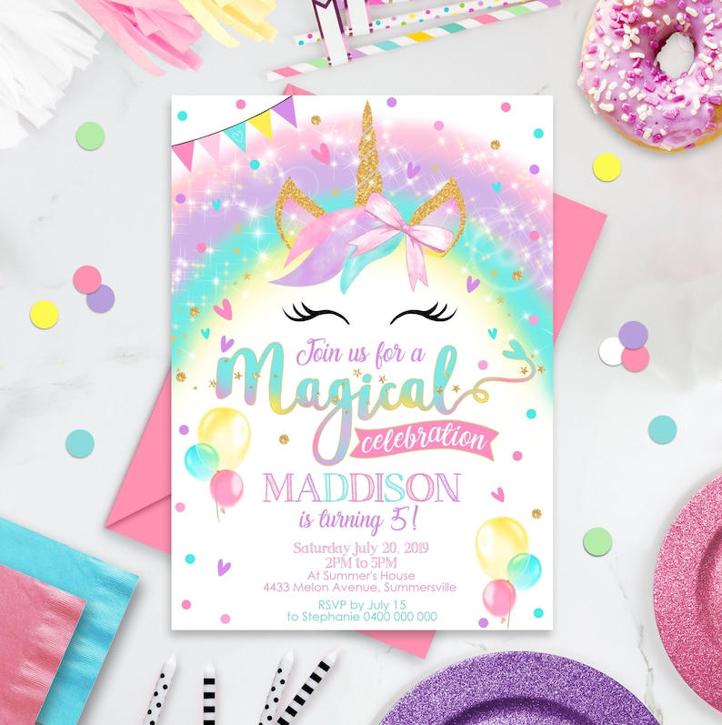 May include: A colorful unicorn birthday party invitation with gold glitter accents. The invitation features the text "Join us for a Magical celebration" and "MADDISON is turning 5!" with details about the party date, time, and location.