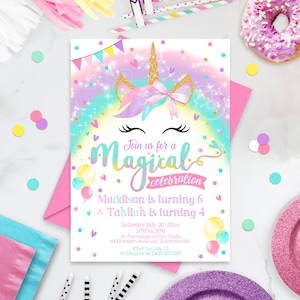 RAINBOW UNICORN Party Invitation Sibling Unicorn Invitation Joint Birthday Rainbow Unicorn Invitation Instant Download Unicorn Invitation