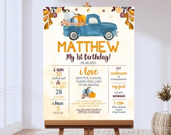 Cartello per il primo compleanno di un bambino con camioncino a forma di zucca (download digitale)