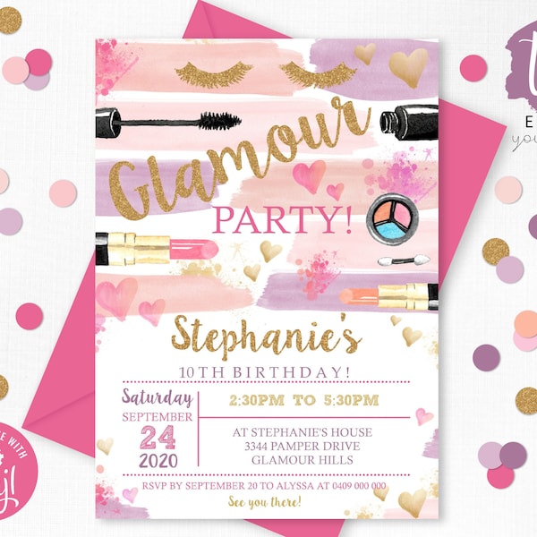 GLAMOUR Party INVITATION Glamour Birthday Invitation Glamour Party Glamour girl Makeup Party Invitation Girl Party theme Tween Party Corjl