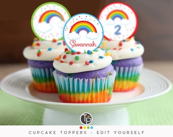 RAINBOW Cupcake Toppers Instant download Rainbow Party Decorations Editable Cupcake Toppers RAINBOW Cupcakes Printable Rainbow 1st Birthday