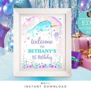 Girl Narwhal Birthday Welcome Sign: Editable Narwhal Baby Shower Decor (PDF)