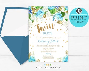 TWIN BOYS Baby Shower Invitation, Instant Download, Twins Baby Shower Invitation, Boy Baby Shower invitation, Blue Floral Baby Shower