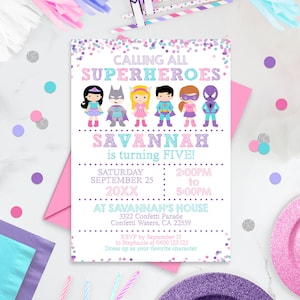 SUPERHERO PARTY Invitation Instant Download Superhero Girl Invitation Pastel Girl Superhero Party Invitations Editable Superhero Template