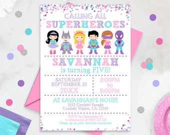 Invitation fête super-héros téléchargement immédiat Invitation fille super-héros fille pastel Invitations de fête super-héros modèle super-héros éditable