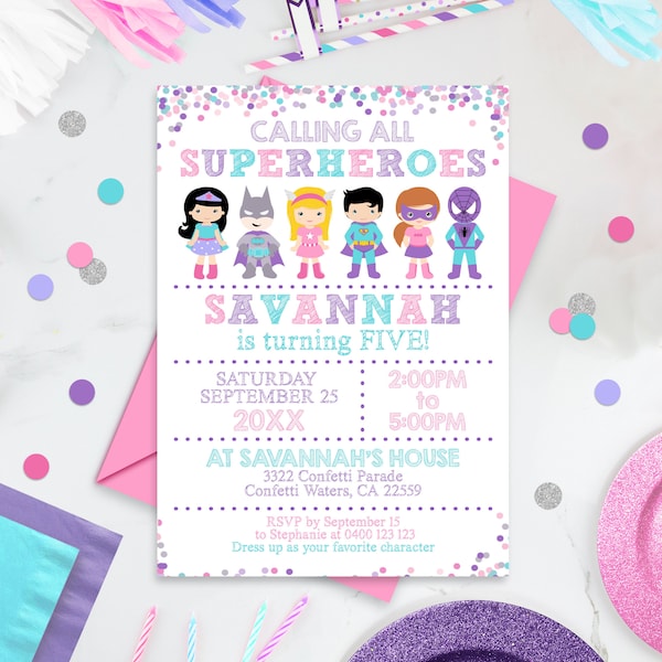 SUPERHERO PARTY Invitation Instant Download Superhero Girl Invitation Pastel Girl Superhero Party Invitations Editable Superhero Template