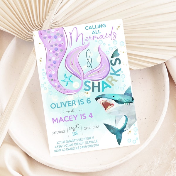 Editable MERMAID SHARK INVITATION Mermaid Shark Party Invite Digital Shark Mermaid Party Boy Girl Mermaid Joint Birthday Boy Girl Twins