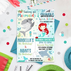 MERMAID SHARK Invitation Instant download Sibling Mermaid and Shark Party Invitation Editable Joint Birthday Shark and Mermaid Invitation
