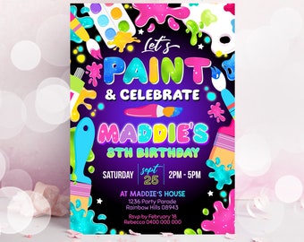 May include: A colorful birthday party invitation with paint splatters and paintbrushes. The text reads "Let's Paint & Celebrate Maddie's 8th Birthday". The invitation includes the date, time, and location of the party.