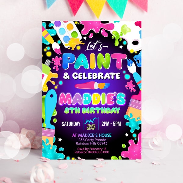 PAINT PARTY INVITATION Instant Download Paint Birthday Invitation Neon Painting Birthday Invite Ceramics Let's Paint and celebrate Pottery