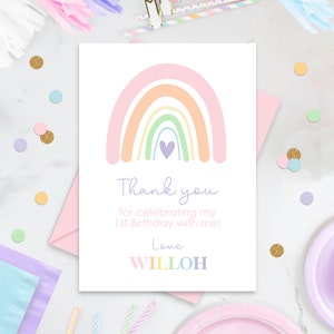 ARCO-ÍRIS MODERNO OBRIGADO Digital Pastel Rainbow Nota de agradecimento Editável Pastel Rainbow Obrigado Festa de aniversário Cartão de agradecimento para festa de arco-íris