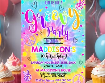 May include: A colorful tie-dye invitation for a groovy party to celebrate Madison's 10th birthday. The invitation features a peace sign, hearts, and the text "Join us for a groovy party to celebrate Madison's 10th birthday!"  Saturday November 25th, 20XX 2PM to 10AM at Madison's House 1236 Pajama Parade Pajama Hills 08943 RSVP to Rebecca 0409 000 000 by November 20, 20XX
