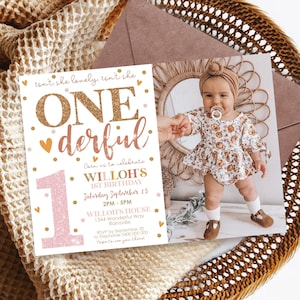 BOHO 1st Birthday Invitation Photo Editable Isnt she lovely Isnt she Onederful Invitation Digital Modern First Birthday Girl Party Invite