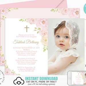 Girl Photo Baptism Invitation Instant Download Baptism Invitation Editable Baptism Girl Photo Christening invitation Rose Baptism Corjl 0201