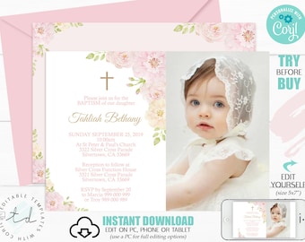 Girl Photo Baptism Invitation Instant Download Baptism Invitation Editable Baptism Girl Photo Christening invitation Rose Baptism Corjl 0201