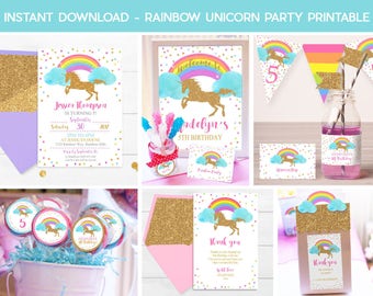 RAINBOW UNICORN PARTY, Instant download Rainbow Unicorn Printable, Unicorn Party, Unicorn Rainbow Party, Gold Unicorn, Printable, Editable