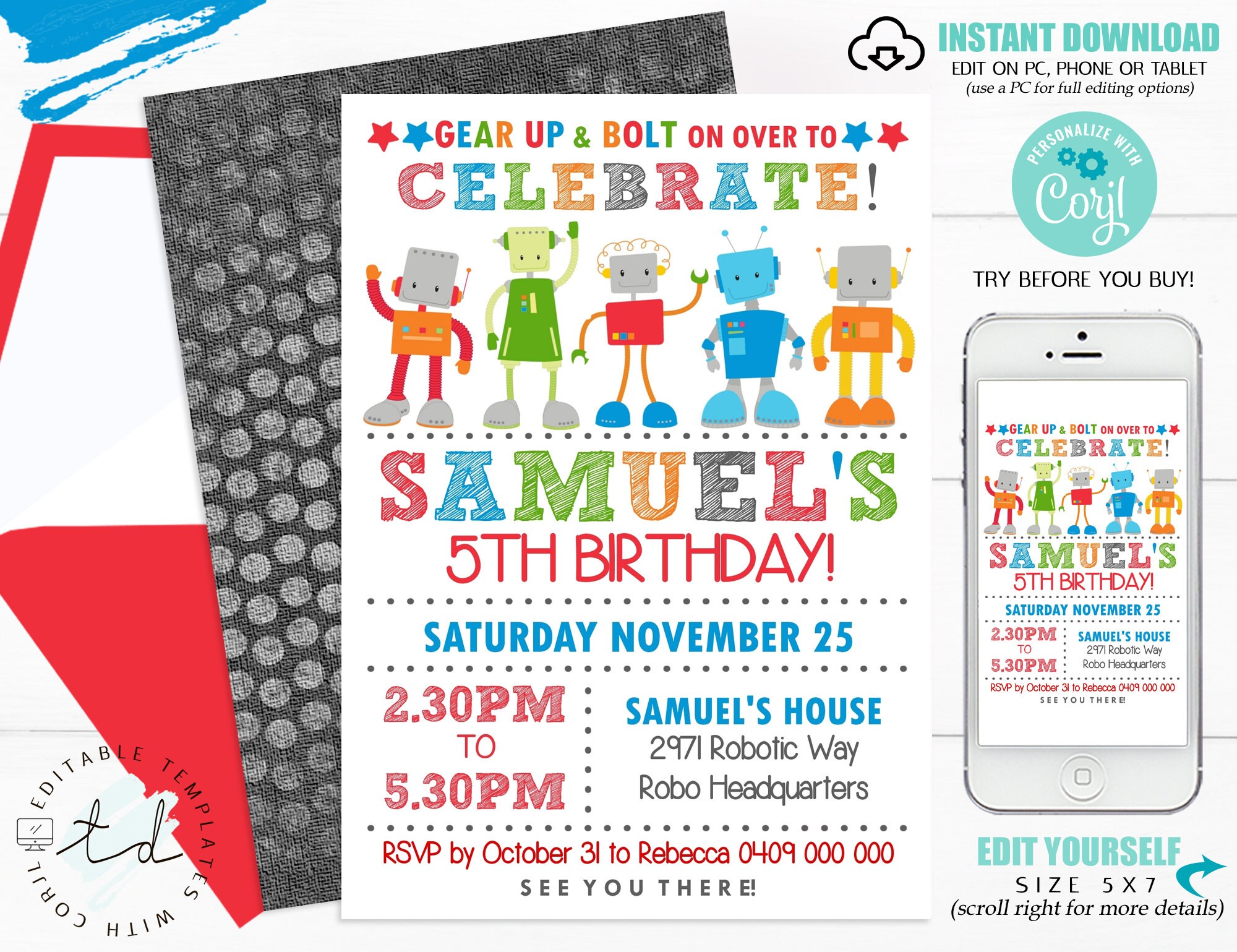 ROBOT INVITATIONS Instant Download Printable Robot Birthday | Etsy
