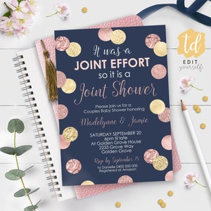COUPLES BABY Shower Invitation Instant Download Joint Effort Baby Shower Invitation Printable Baby Shower Invitation Rose Gold Couples Baby