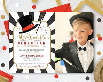 May include: A black and white striped background with a red and gold magician's hat and wand. The text "Abra Cadabra Sebastian is turning 8!" is in gold glitter. The text "Saturday September 20 5PM to 8PM" is in red. The text "At the Thomas Home 12355 Magical Boulevard Magic Town, NY 06345 RSVP by Sept 5 to Marnie 0409 000 000 Magic Show starts at 6pm Sharp!" is in black. A photo of a boy dressed as a magician is in the background.