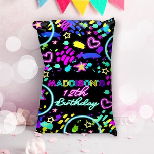 Glow Chip Bag Printable Neon Chip Bag Editable Candy Bag Glow Party Favors Printable Chip Wrapper Glow Party Decor Paint Editable Favor Bag
