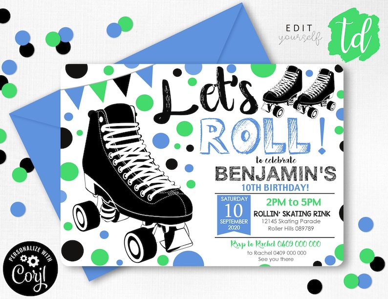 SKATE INVITATION BOY Lets Roll Roller Skating Party Invitation Etsy