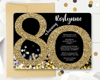 Gold Glitter 80th Birthday Invitation: Editable Template (Digital Download)