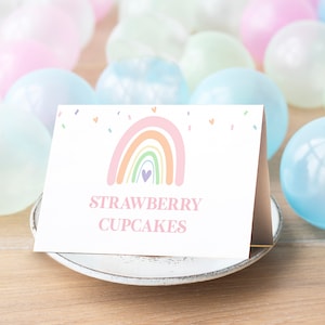 RAINBOW FOOD Tent Cards Instant download Rainbow Food Labels Editable Pastel Rainbow Food Tent Cards Modern Rainbow Buffet Corjl Download