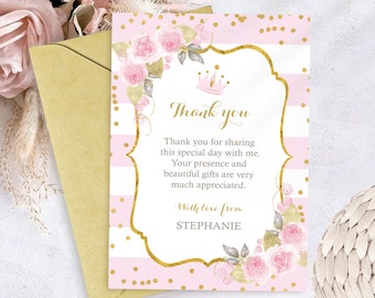 Princess Baby Shower THANK YOU CARD Instant Download Floral Princess Thank you Card Editable Princess Crown Thank you Baby Girl Princess