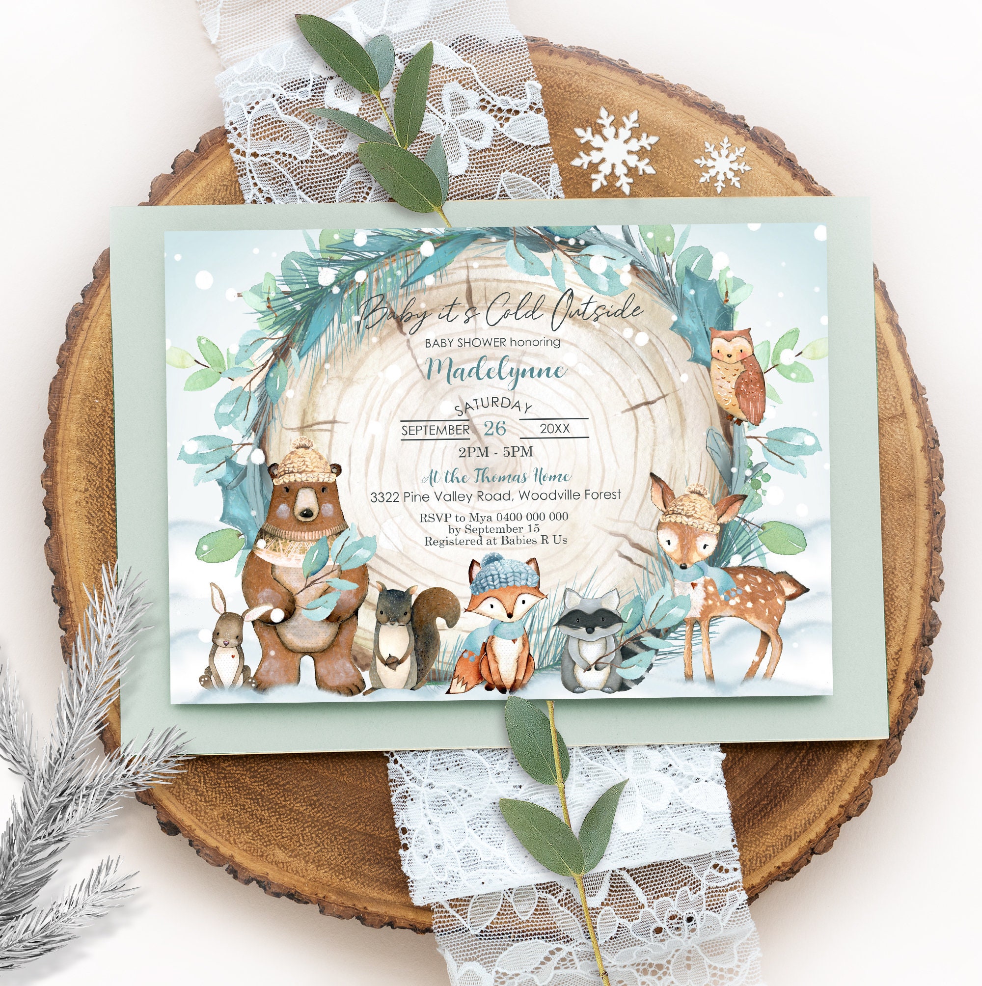 50 Einladungskarten Wald-Thema Baby-Shower – Inkl. Umschläge, Windel-Tombola Tickets & Buchkarten – Niedliches Design