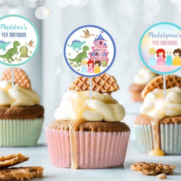 Dinosaur and Princess Cupcake Toppers Instant download Dinosaur Princess Cupcake Toppers Boy Girl Cupcake Toppers Sibling Party Decor