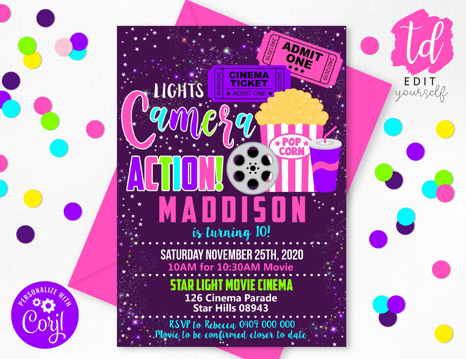 MOVIE INVITATION GIRL Cinema Invitation Birthday Party Etsy