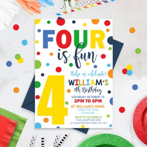 FOUR IS FUN 4th Birthday Invitation Polka Dot 4th Birthday Invitation Instant Download Boy Fourth Birthday Invitation primary colors 0224