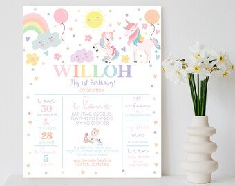 May include: A colorful first birthday poster for a baby girl named Willoh. The poster features a rainbow, clouds, unicorns, and a sun. It includes details about the baby's age, height, weight, favorite foods, and first word. The text on the poster reads "Willoh, My 1st Birthday! 09.08.20XX, I am 30 inches tall & weigh 28 pounds, I have 5 teeth, I love bath time, cuddles, playing peek-a-boo, my big brother, my favorite foods are yoghurt, watermelon, banana, apple, rockmelon, my favorite book is Little Cupcake, My nickname is Cutiepatootie, My first word is Mamma, I can blow kisses, wave, clap hands."